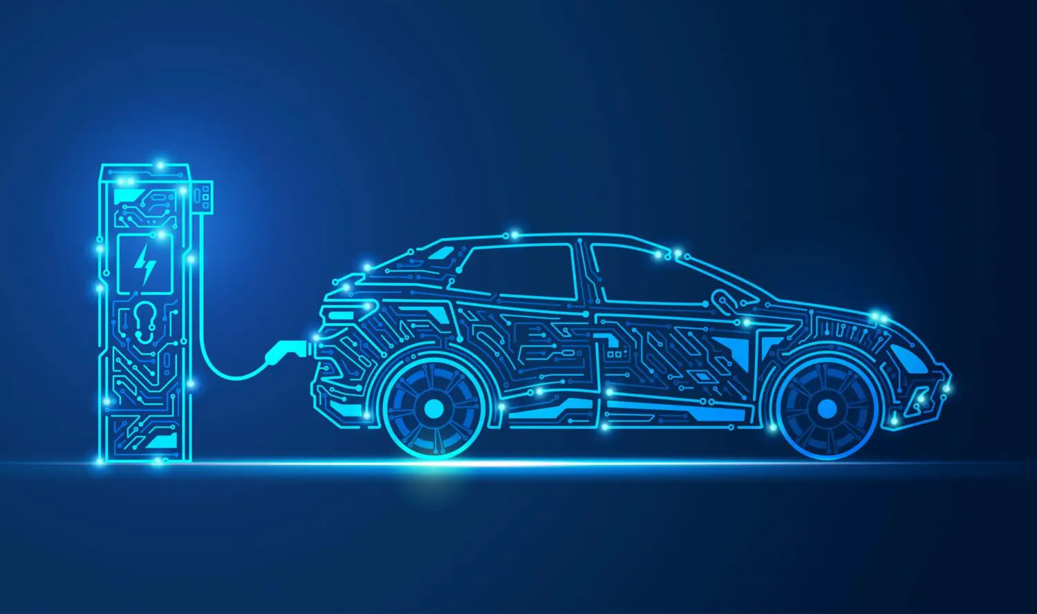 graphic of EV charger station and electric vehicles combined with electronic pattern