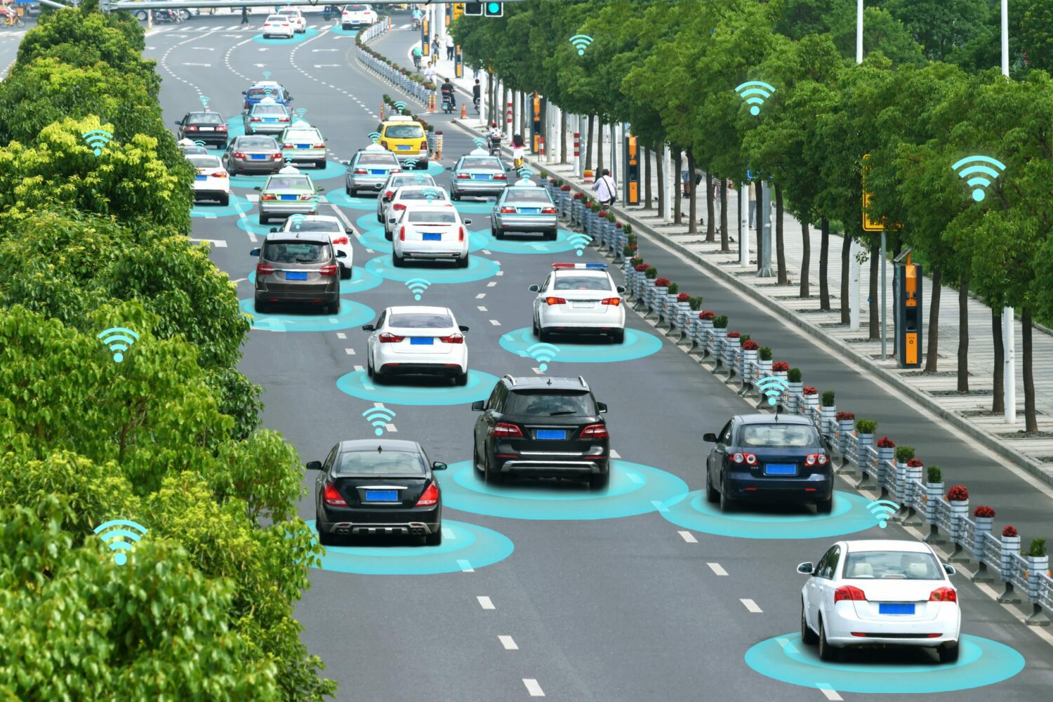 Smart car (HUD) and Autonomous vehicles on metro city road with graphic sensor signal.