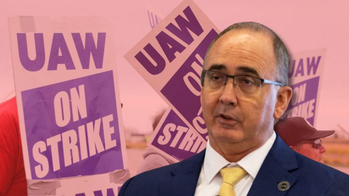 During a practice picket outside of a Stellantis plant in Detroit, UAW president Shawn Fain addressed the possibility of a strike.
