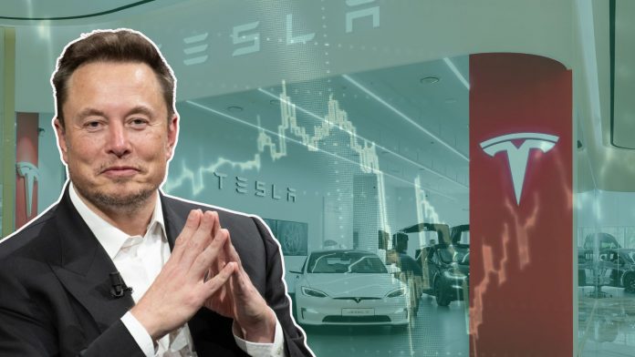 Tesla shares surge toward record