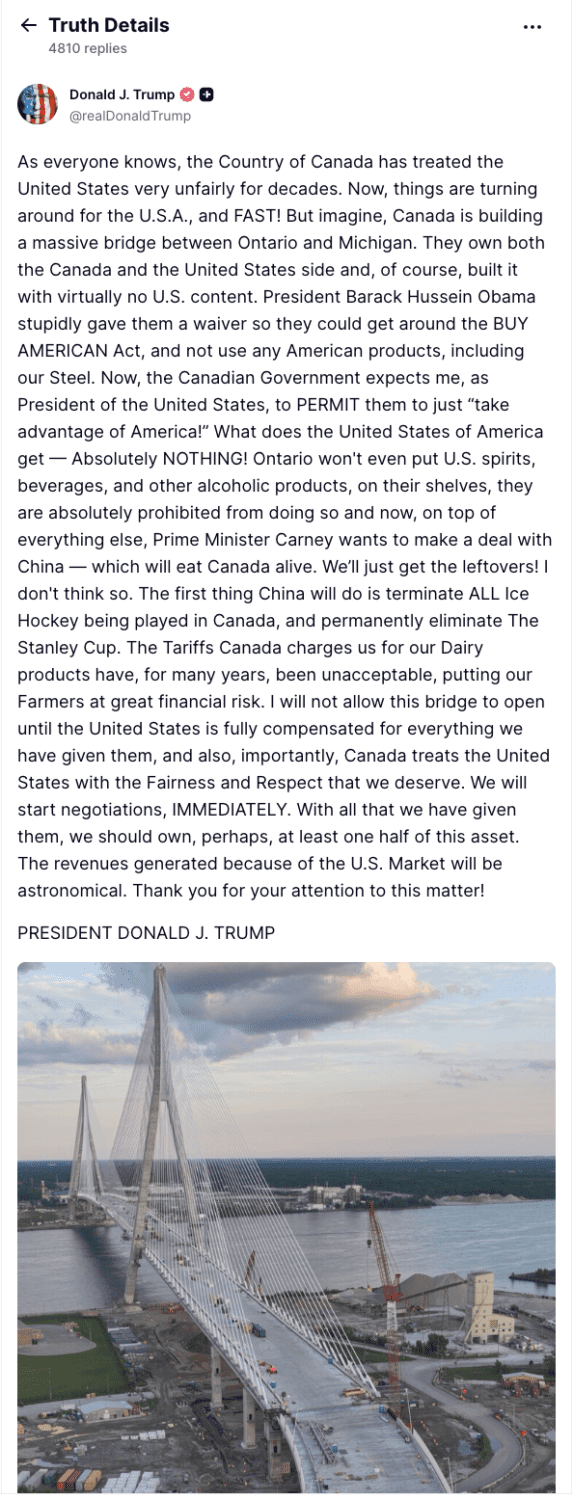 President Trump threatened to block Detroit-Canada bridge amid trade tensions插图2